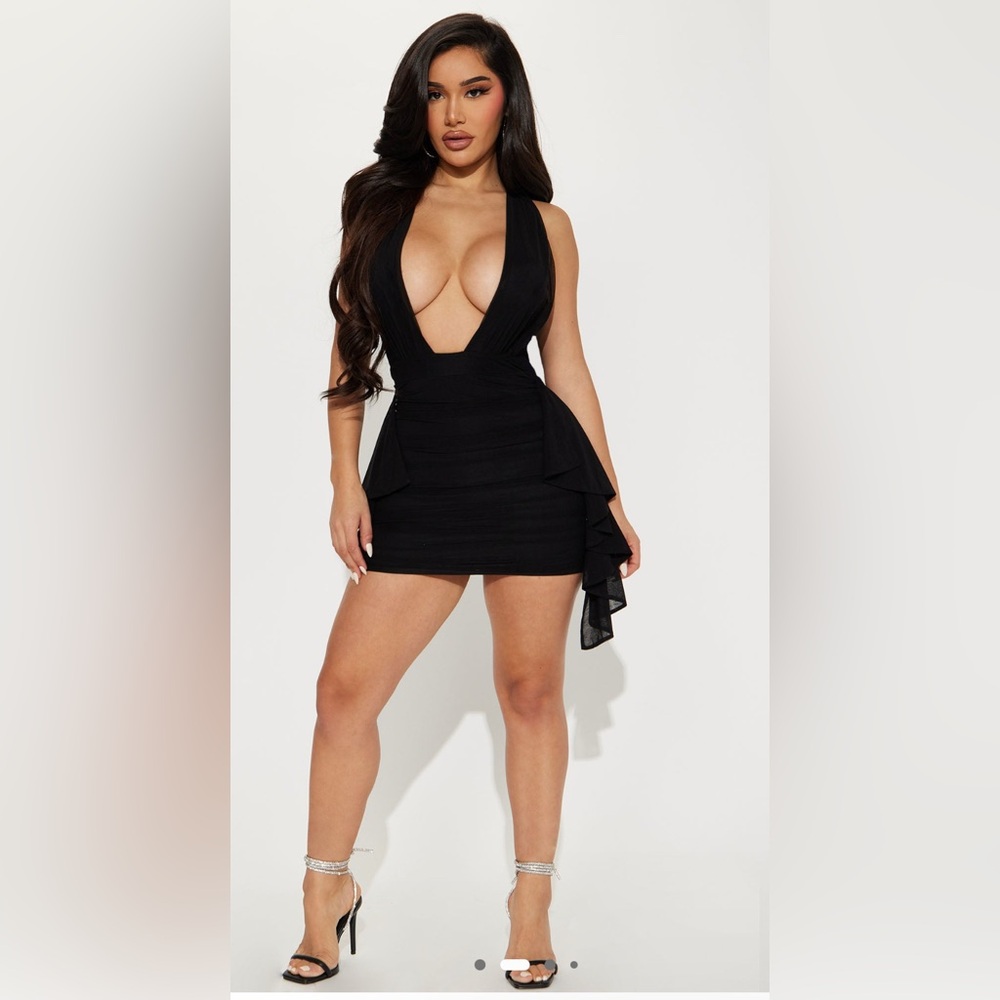 Black Deep Neck Mini Dress